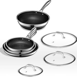 HEXCLAD Hybrid 7 Piece Nonstick Stainless Steel Frying Pan Set 8 10 12" Lids Wok